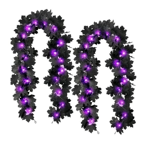 2 Pcs Lighted Black Leaf Garland Halloween Fall Leaf Garland with Light Ghosts - Picture 1 of 3